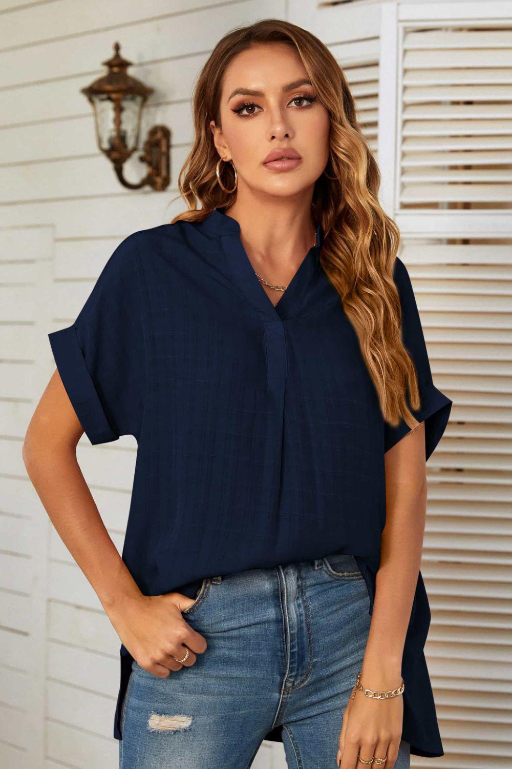 Notched Neck Slit Cuffed Blouse BLUE ZONE PLANET