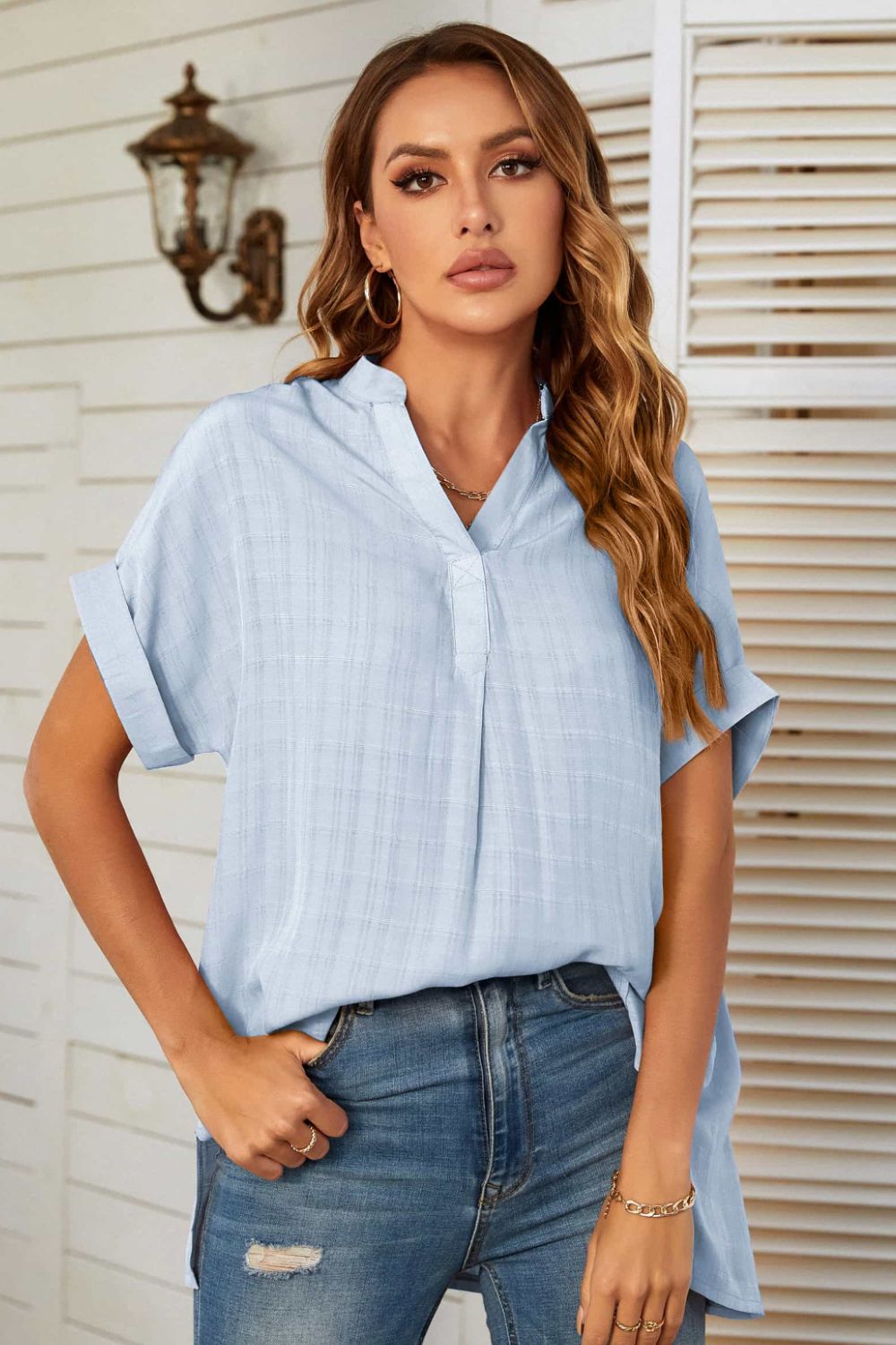 Notched Neck Slit Cuffed Blouse BLUE ZONE PLANET