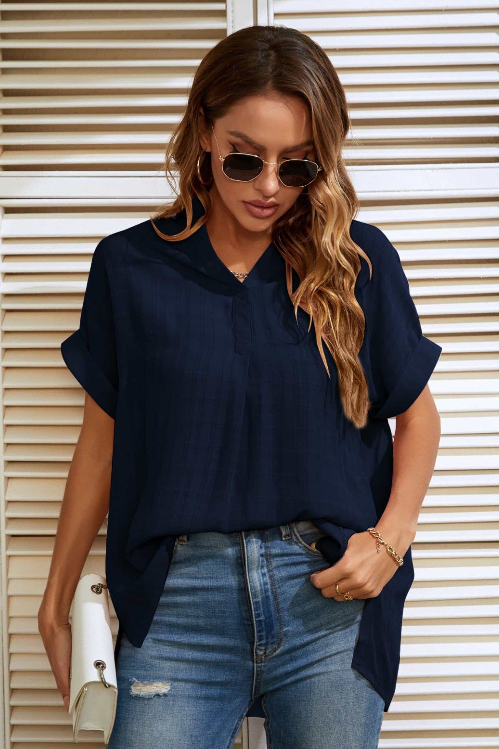 Notched Neck Slit Cuffed Blouse BLUE ZONE PLANET