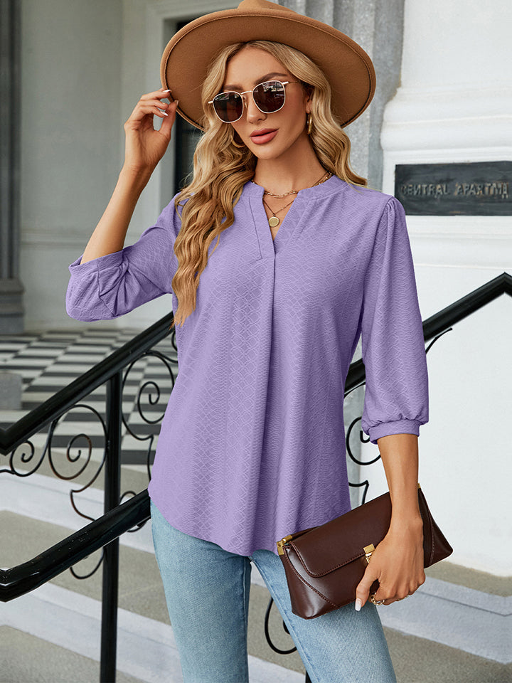 Notched Neck Three-Quarter Sleeve Blouse BLUE ZONE PLANET