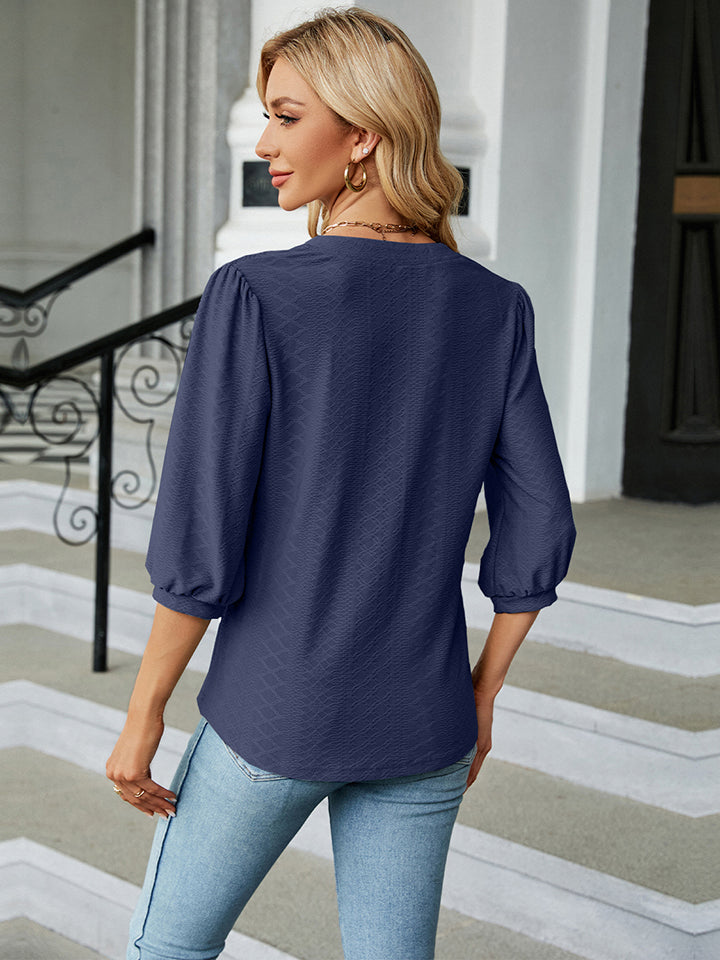 Notched Neck Three-Quarter Sleeve Blouse BLUE ZONE PLANET