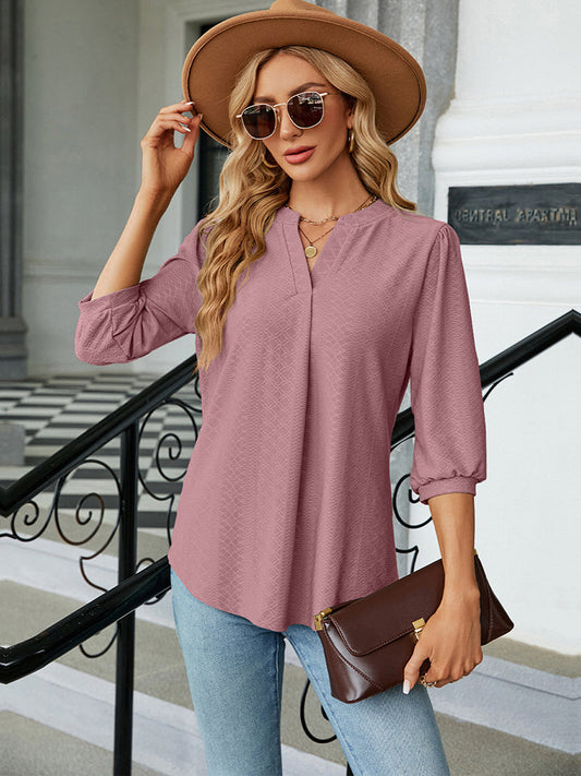 Notched Neck Three-Quarter Sleeve Blouse BLUE ZONE PLANET