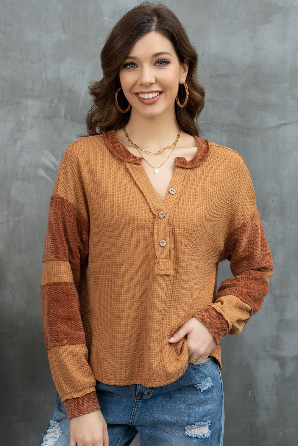 Notched Neck Waffle-Knit Blouse BLUE ZONE PLANET