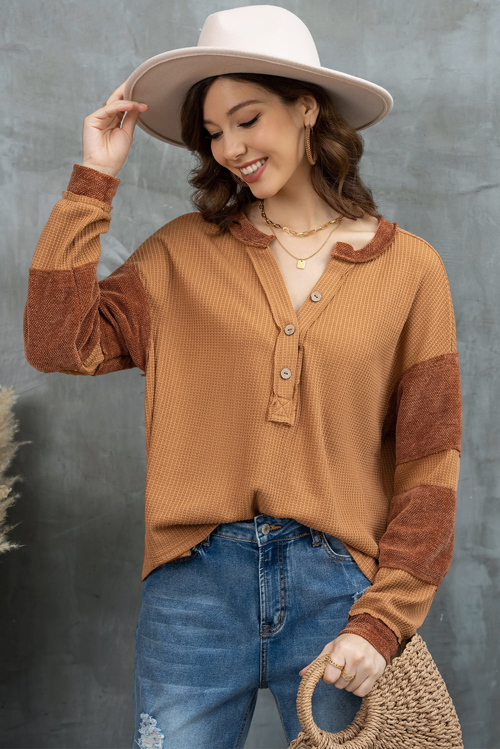 Notched Neck Waffle-Knit Blouse BLUE ZONE PLANET