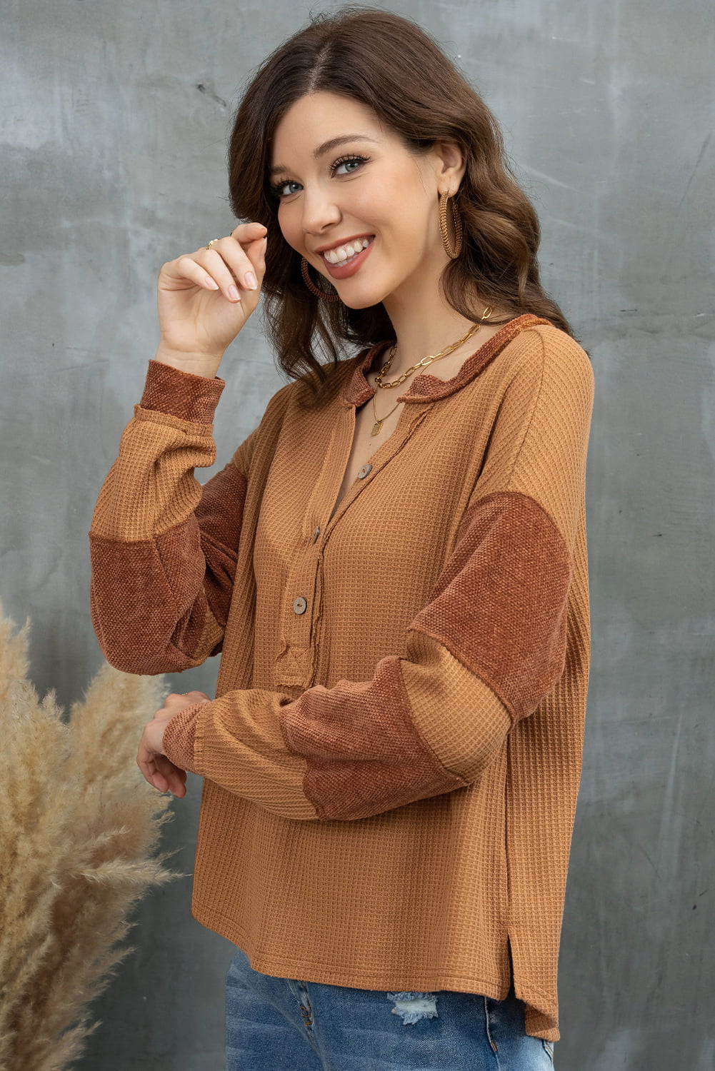 Notched Neck Waffle-Knit Blouse BLUE ZONE PLANET