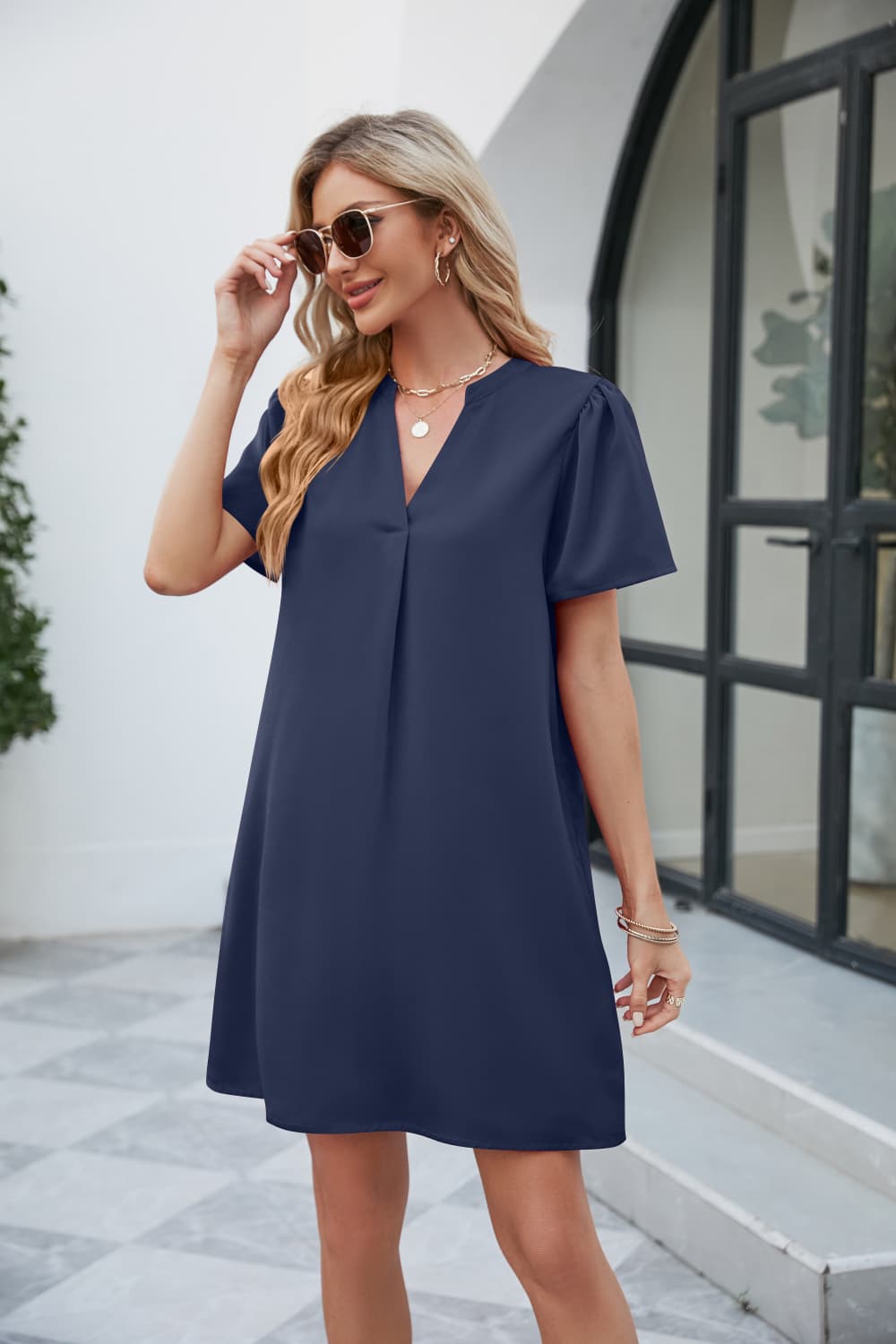 Notched Puff Sleeve Shift Dress BLUE ZONE PLANET