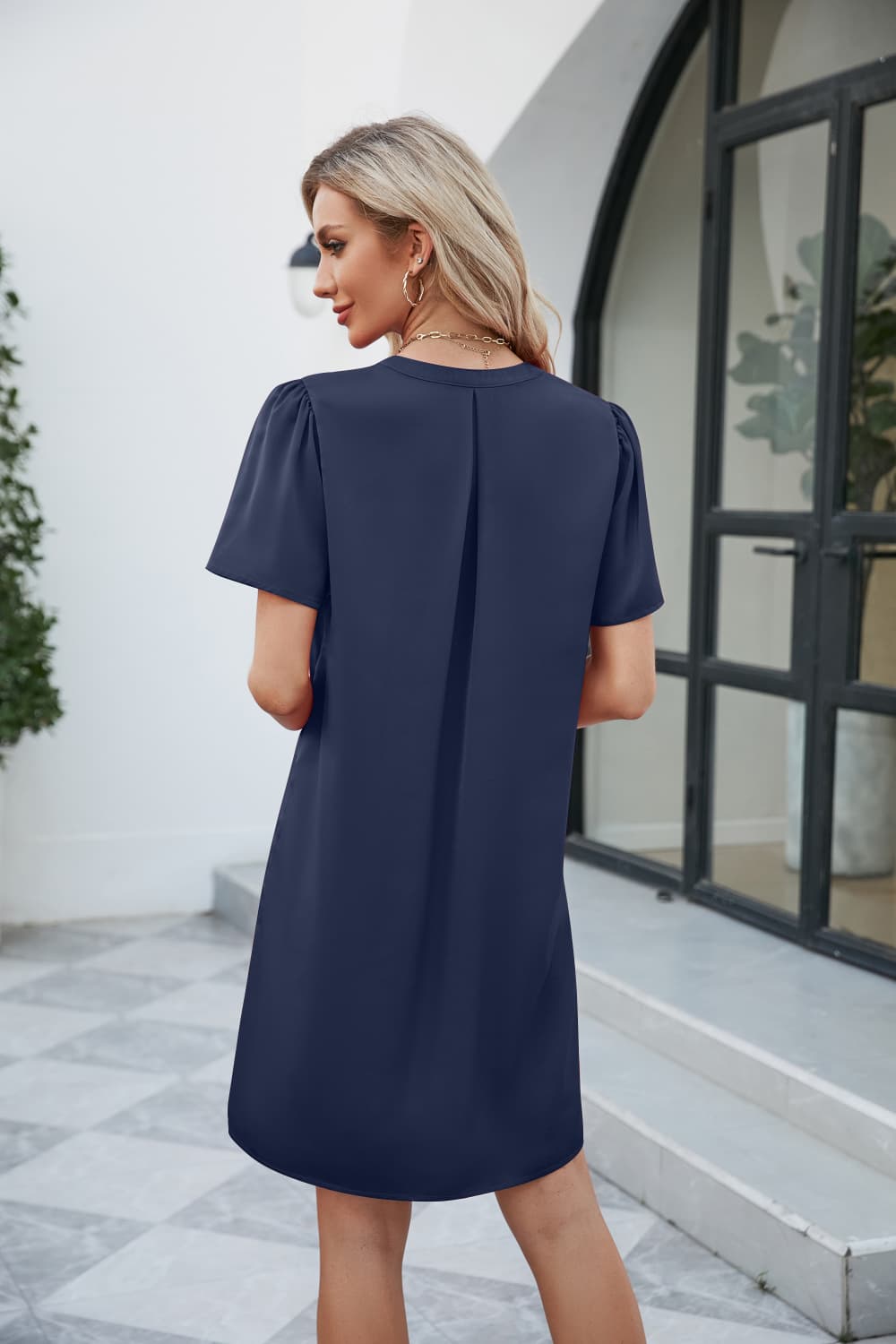 Notched Puff Sleeve Shift Dress BLUE ZONE PLANET