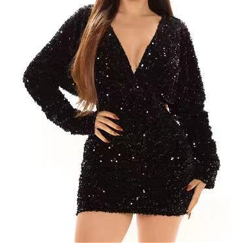 Elegant Sequins Women's Long Sleeve Mini Dress Blue Zone Planet