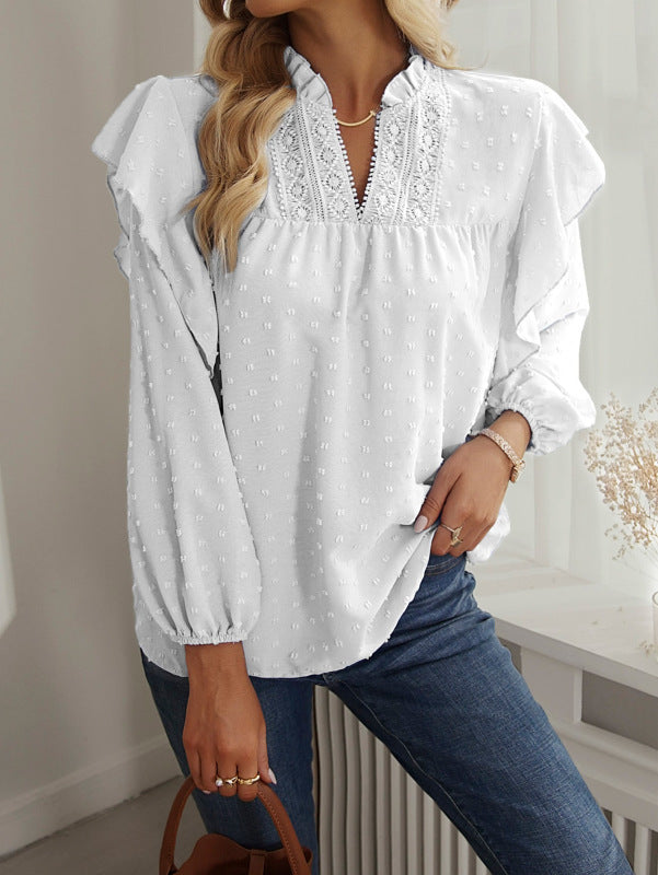 Ruffled Lantern Sleeve Lace Panel Shirt Top