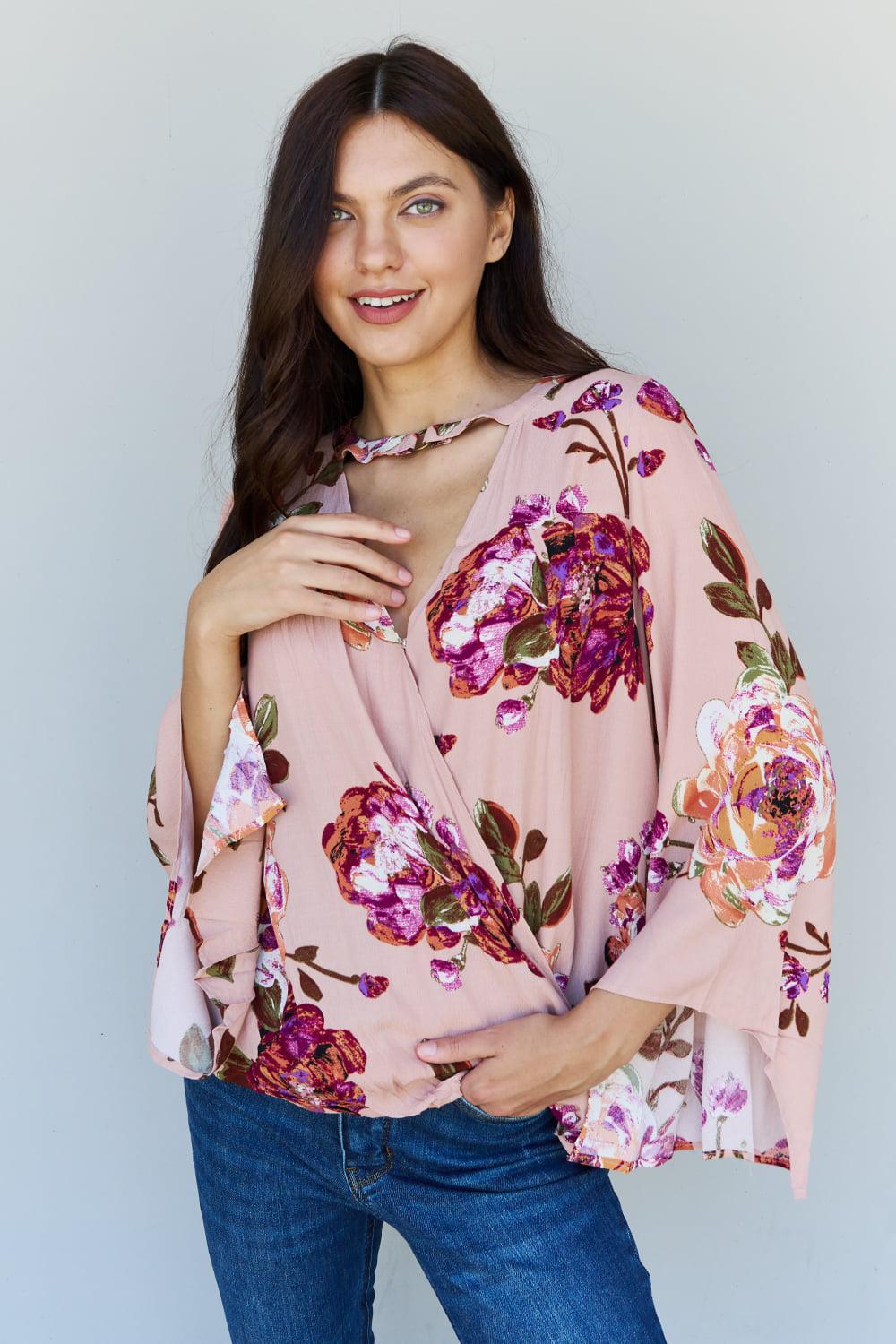 ODDI Full Size Floral Bell Sleeve Crepe Top BLUE ZONE PLANET
