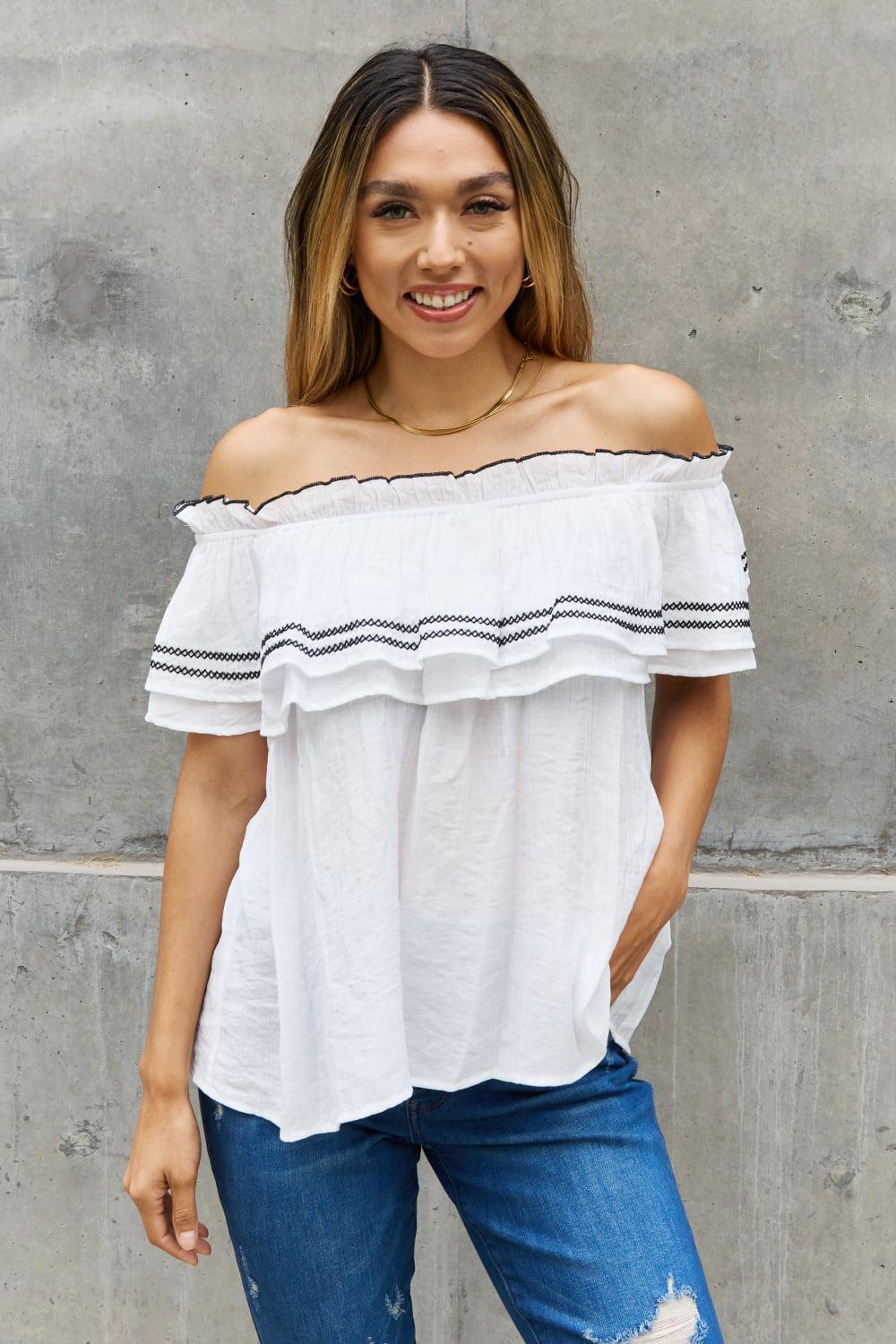 ODDI Full Size Off The Shoulder Ruffle Blouse BLUE ZONE PLANET