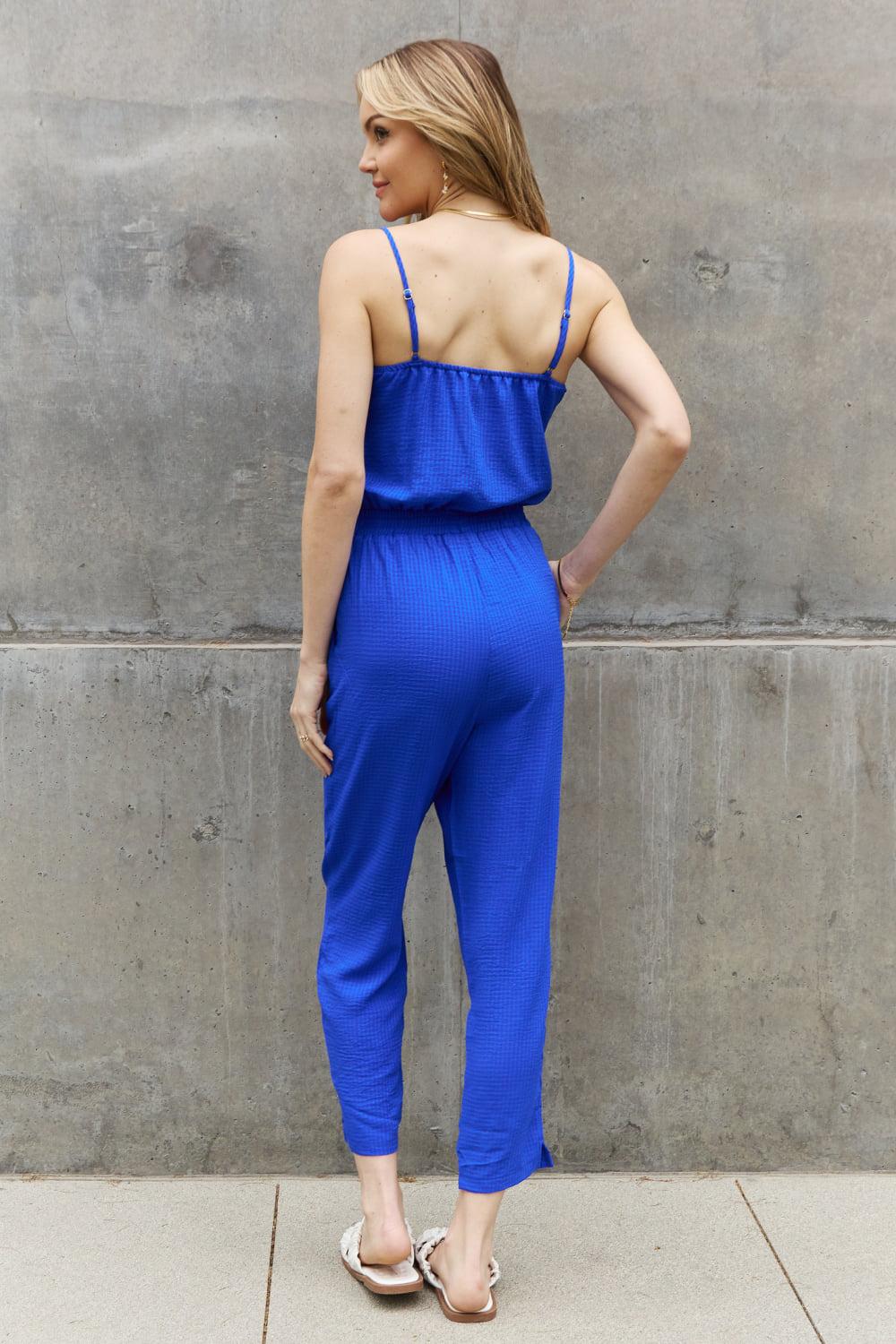 ODDI Full Size Textured Woven Jumpsuit in Royal Blue BLUE ZONE PLANET