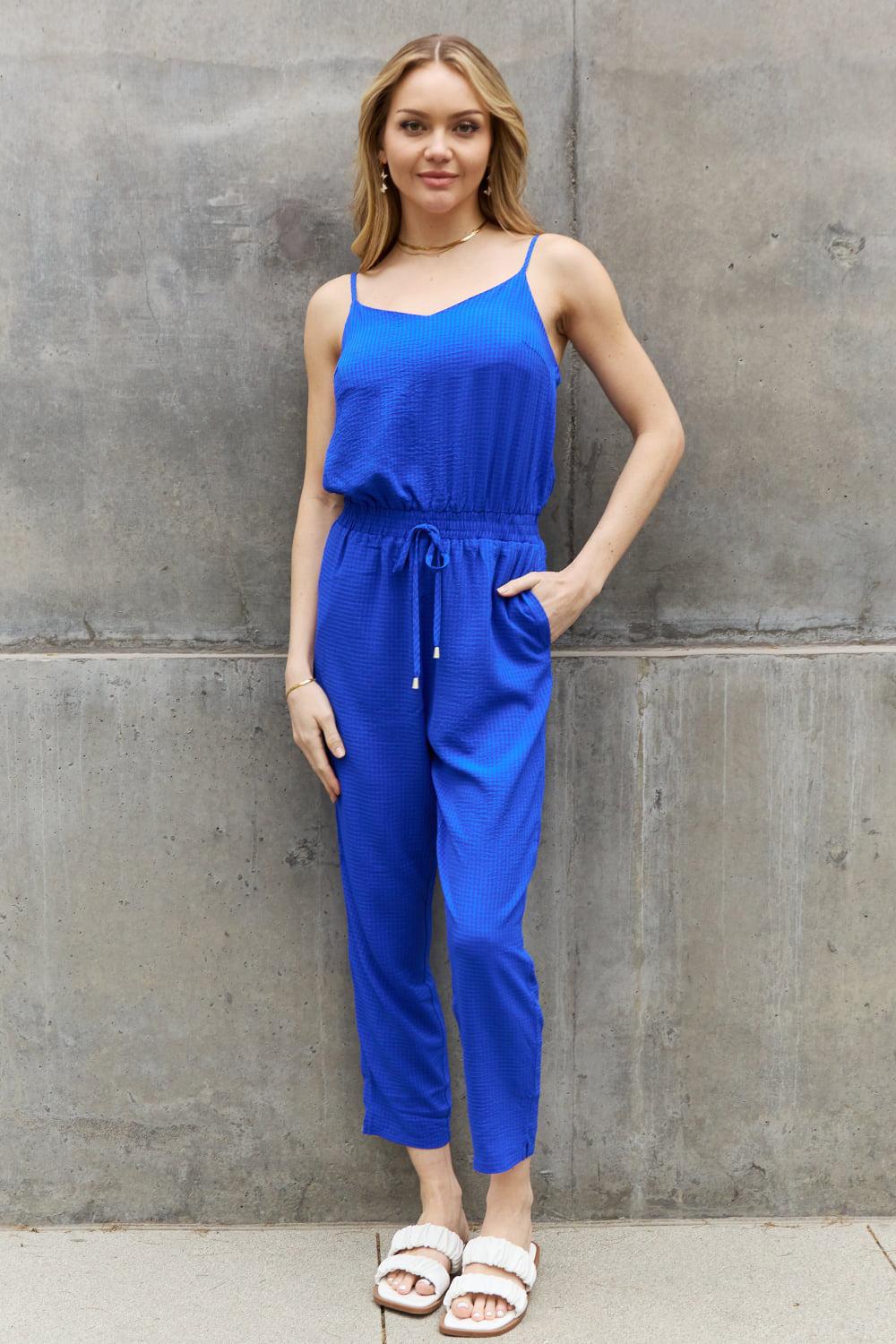 ODDI Full Size Textured Woven Jumpsuit in Royal Blue BLUE ZONE PLANET