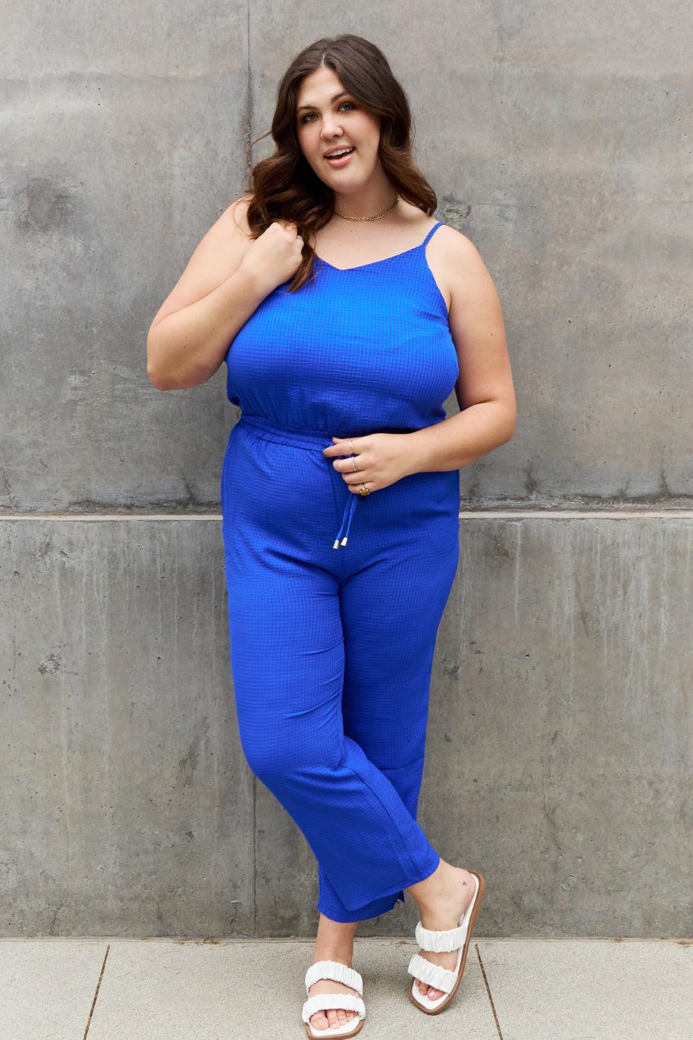 ODDI Full Size Textured Woven Jumpsuit in Royal Blue BLUE ZONE PLANET