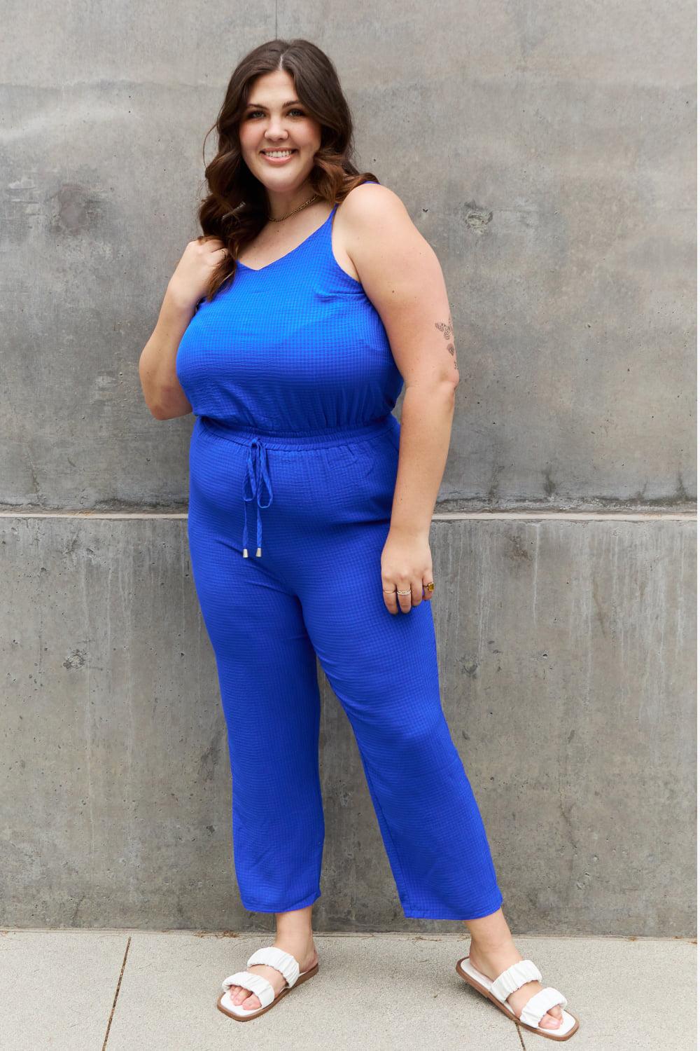 ODDI Full Size Textured Woven Jumpsuit in Royal Blue BLUE ZONE PLANET