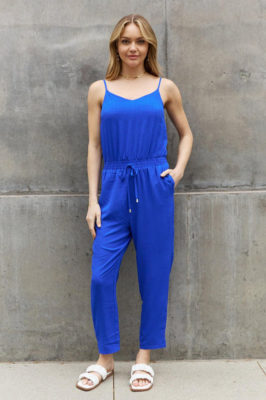 ODDI Full Size Textured Woven Jumpsuit in Royal Blue BLUE ZONE PLANET