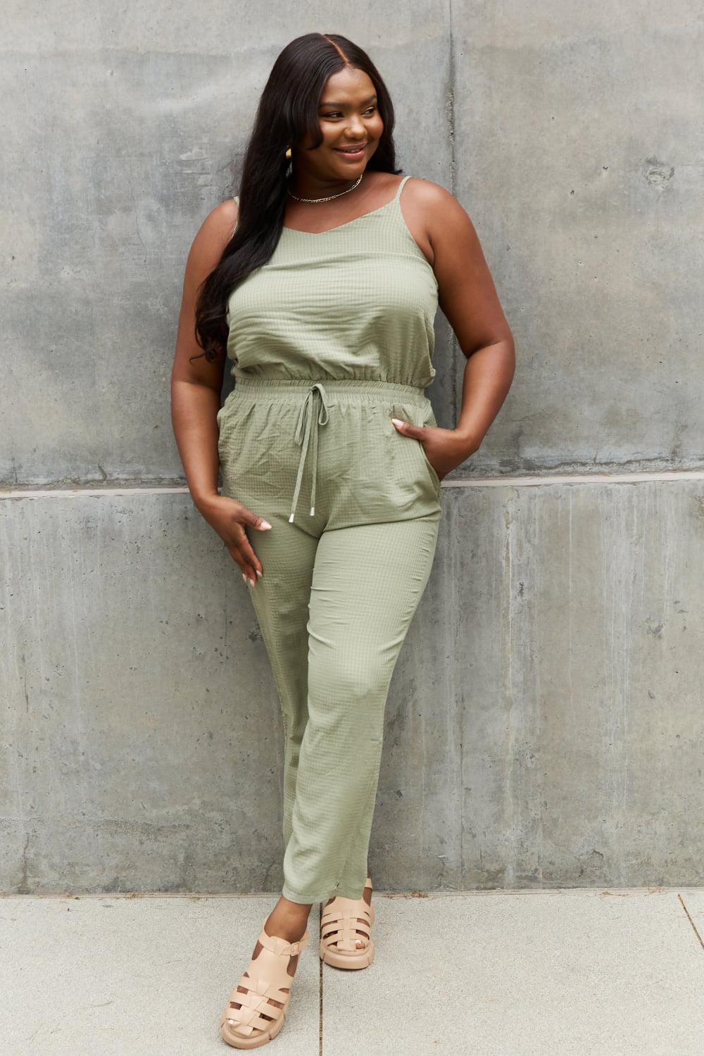 ODDI Full Size Textured Woven Jumpsuit in Sage BLUE ZONE PLANET