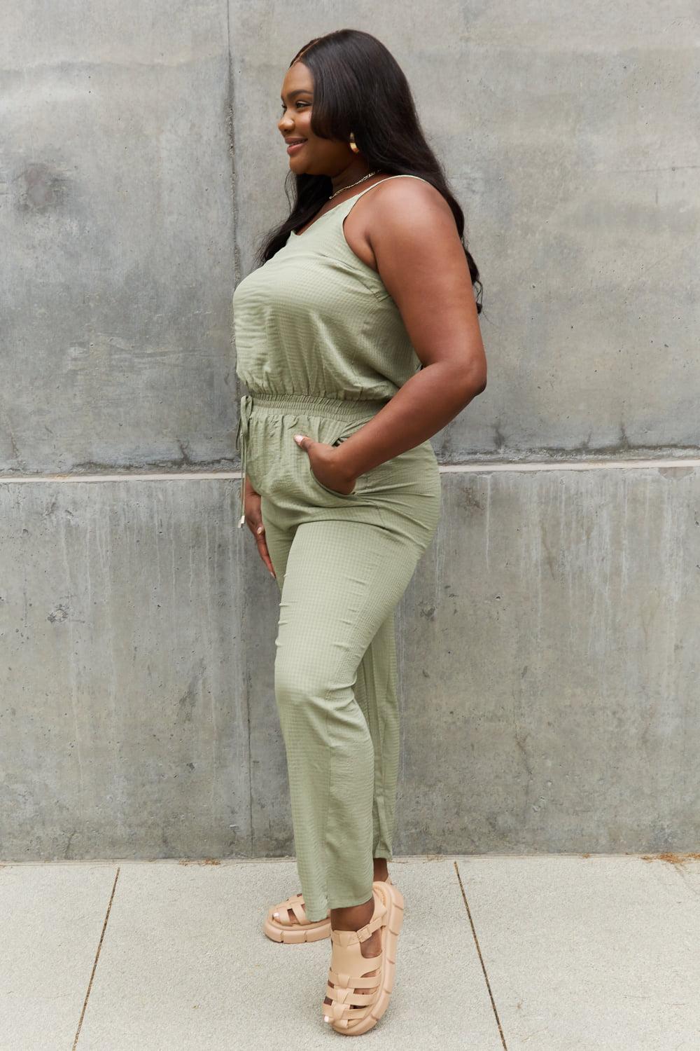 ODDI Full Size Textured Woven Jumpsuit in Sage BLUE ZONE PLANET