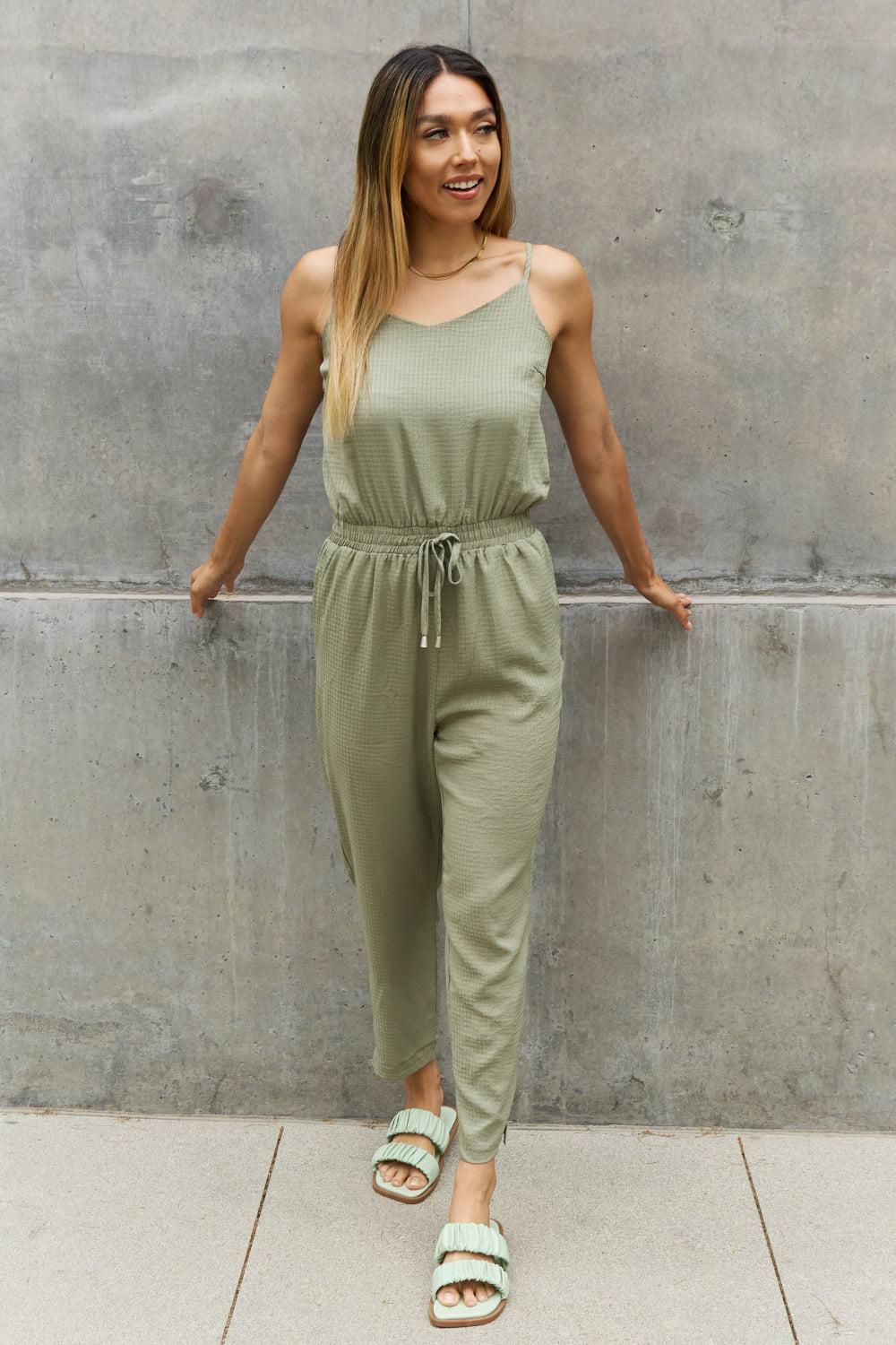 ODDI Full Size Textured Woven Jumpsuit in Sage BLUE ZONE PLANET