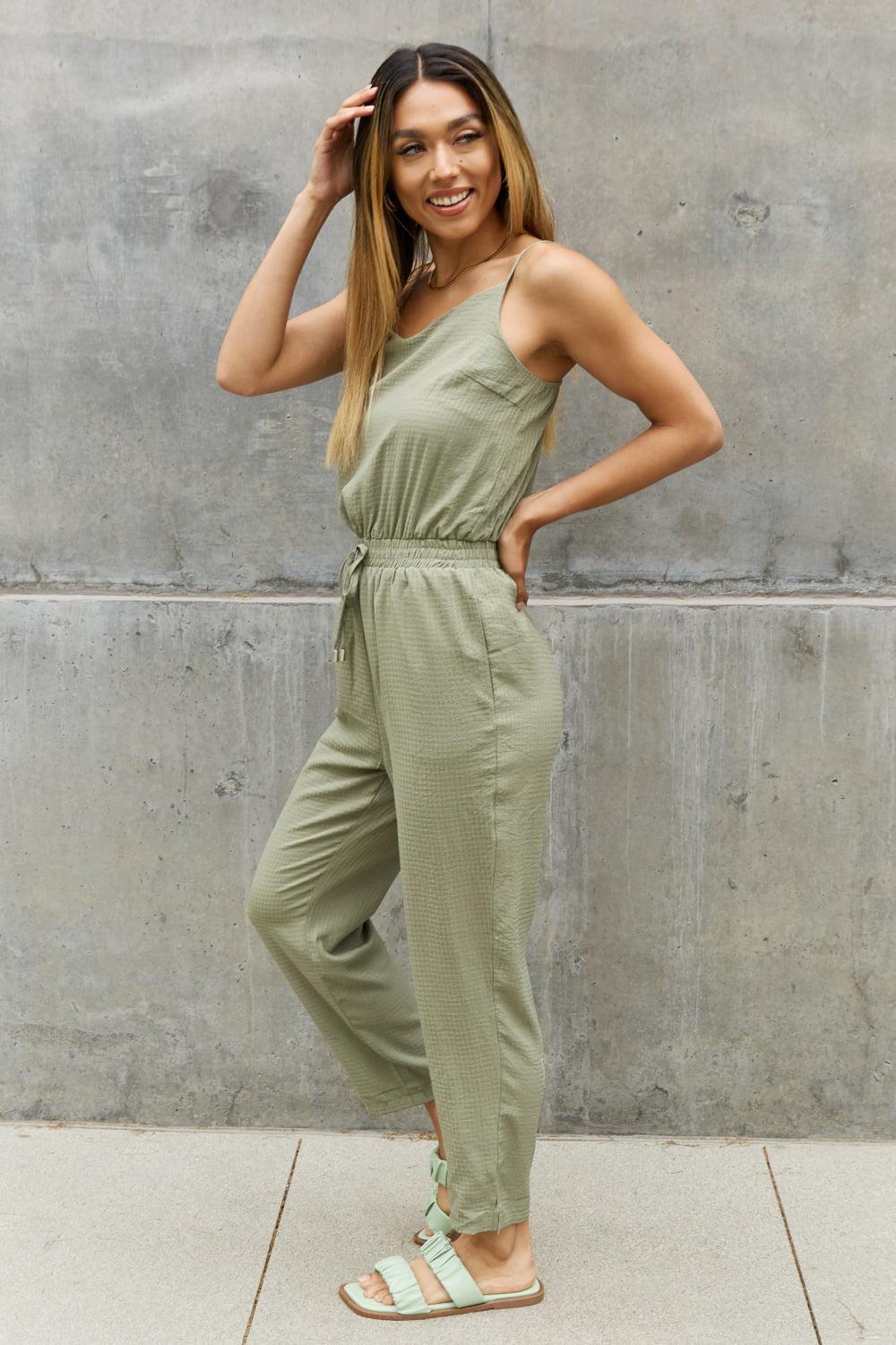 ODDI Full Size Textured Woven Jumpsuit in Sage BLUE ZONE PLANET