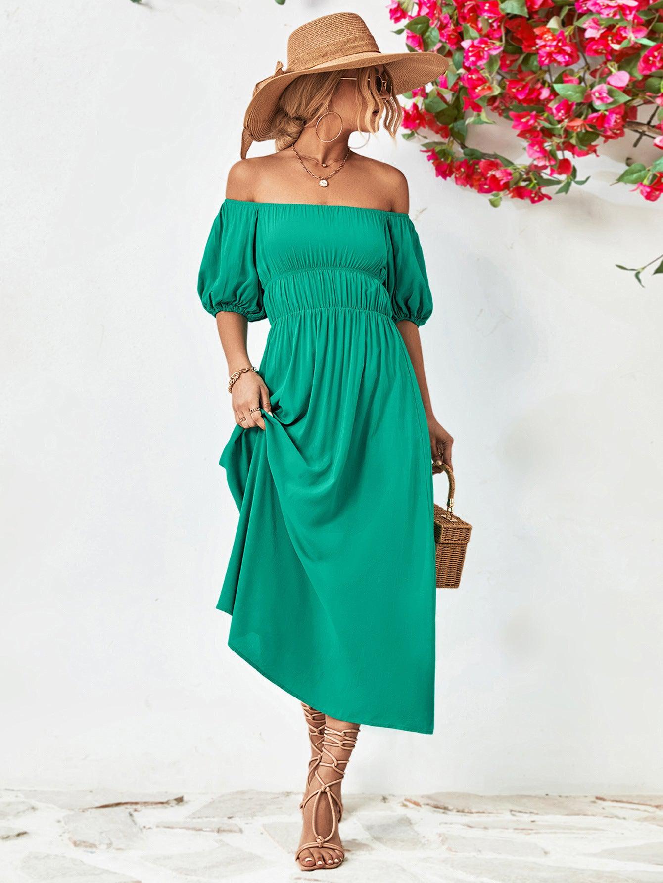 Off-Shoulder Balloon Sleeve Midi Dress BLUE ZONE PLANET