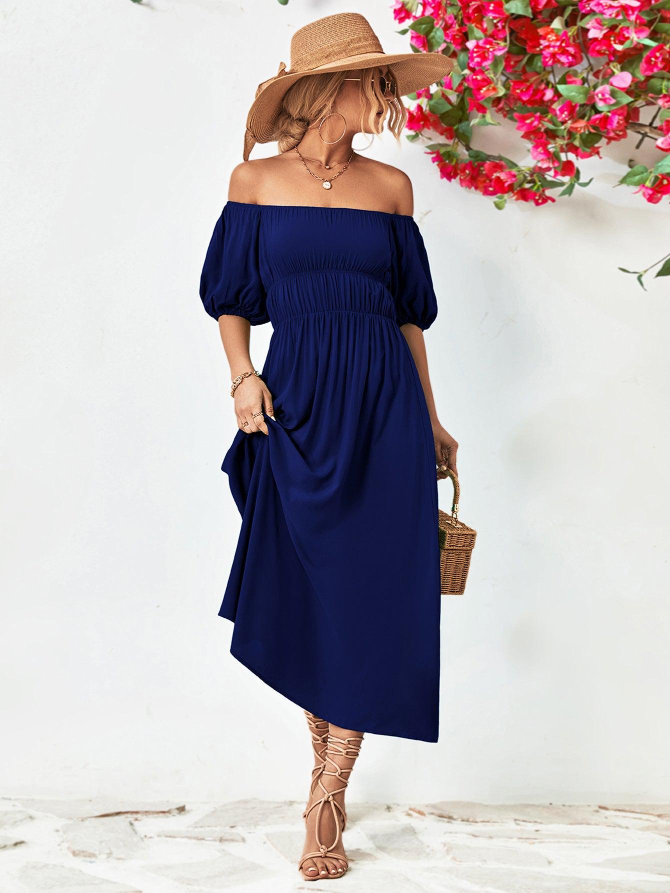 Off-Shoulder Balloon Sleeve Midi Dress BLUE ZONE PLANET