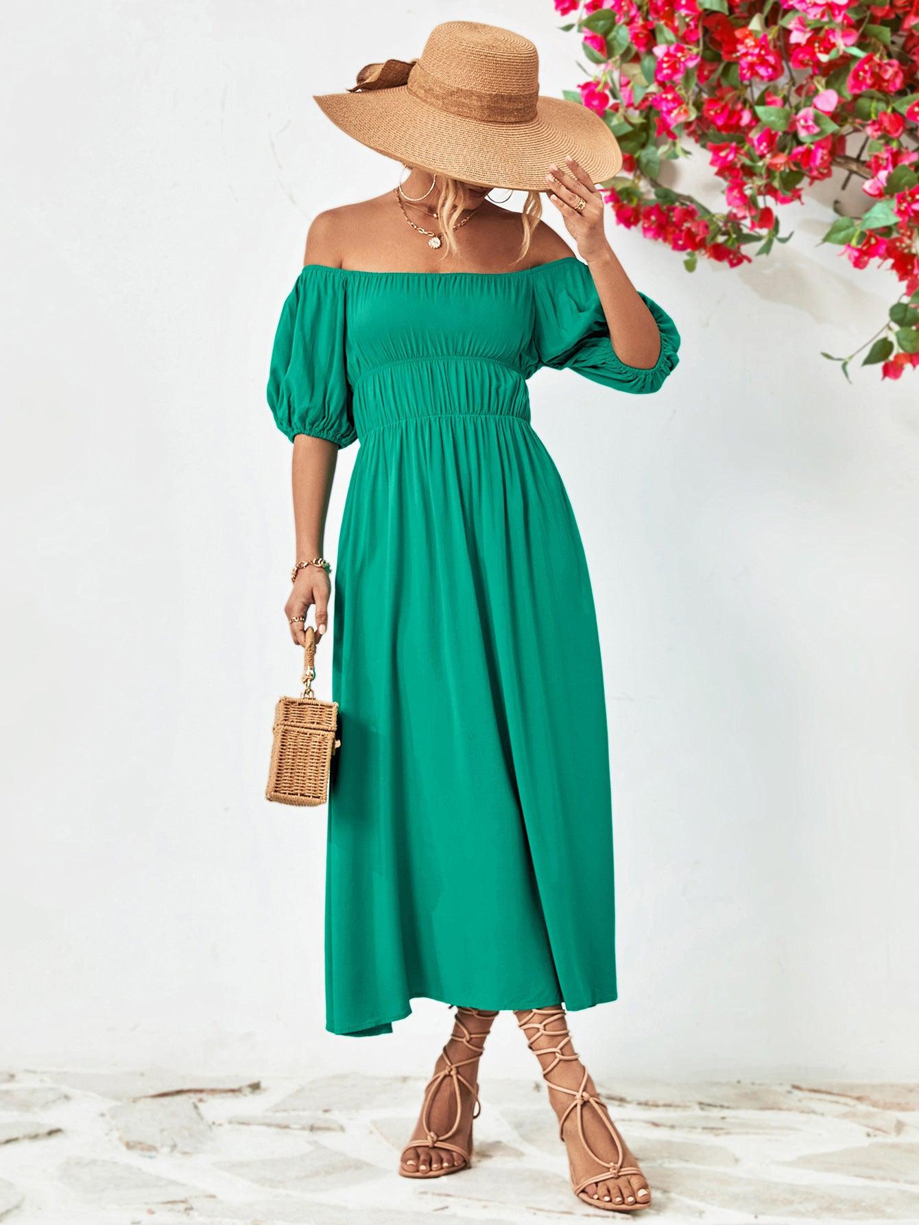 Off-Shoulder Balloon Sleeve Midi Dress BLUE ZONE PLANET