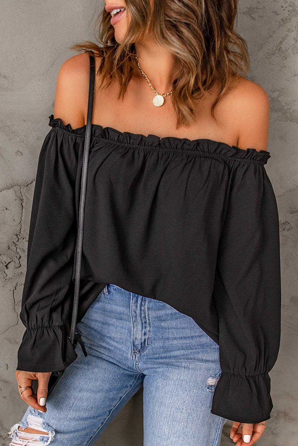 Off-Shoulder Flounce Sleeve Blouse BLUE ZONE PLANET