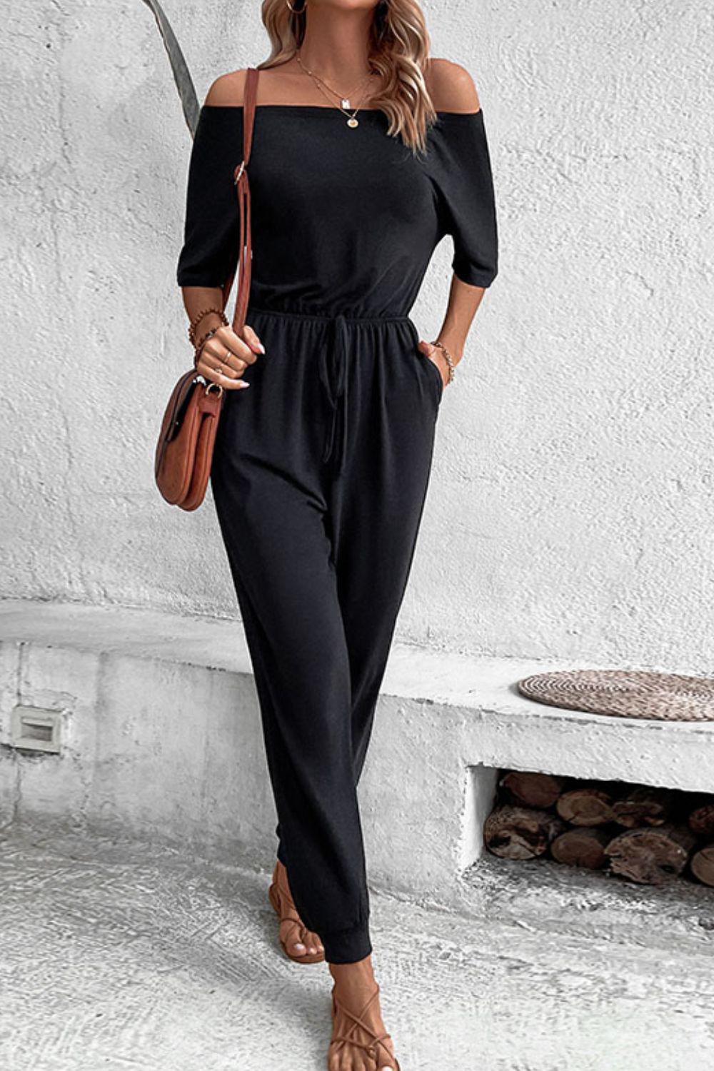 Off-Shoulder Jumpsuit with Pockets BLUE ZONE PLANET