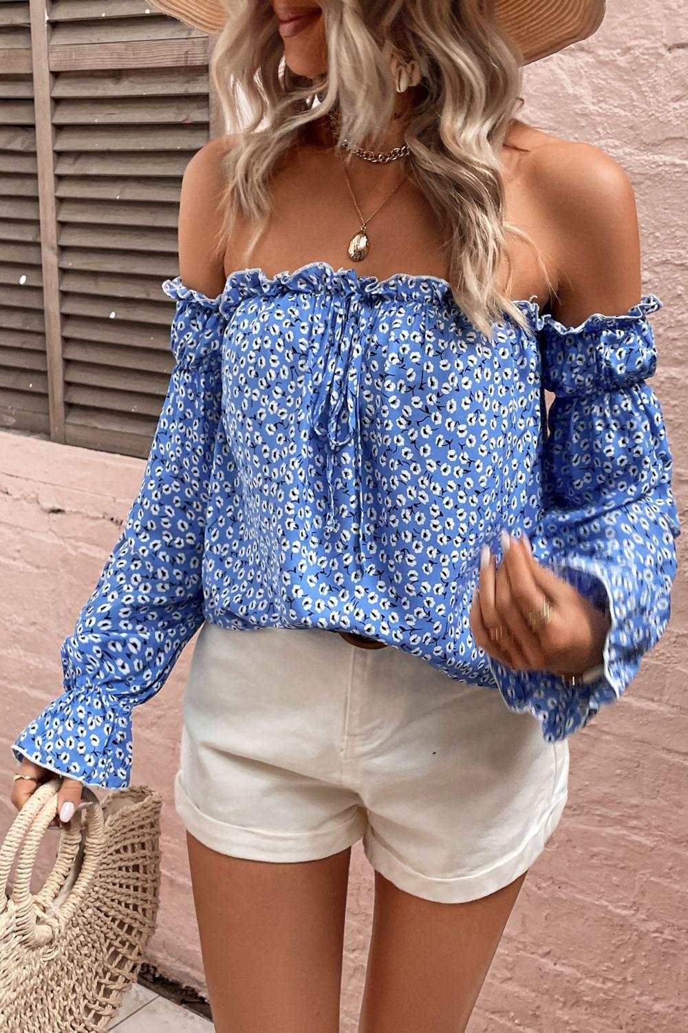 Off Shoulder Printed Frill Trim Blouse BLUE ZONE PLANET