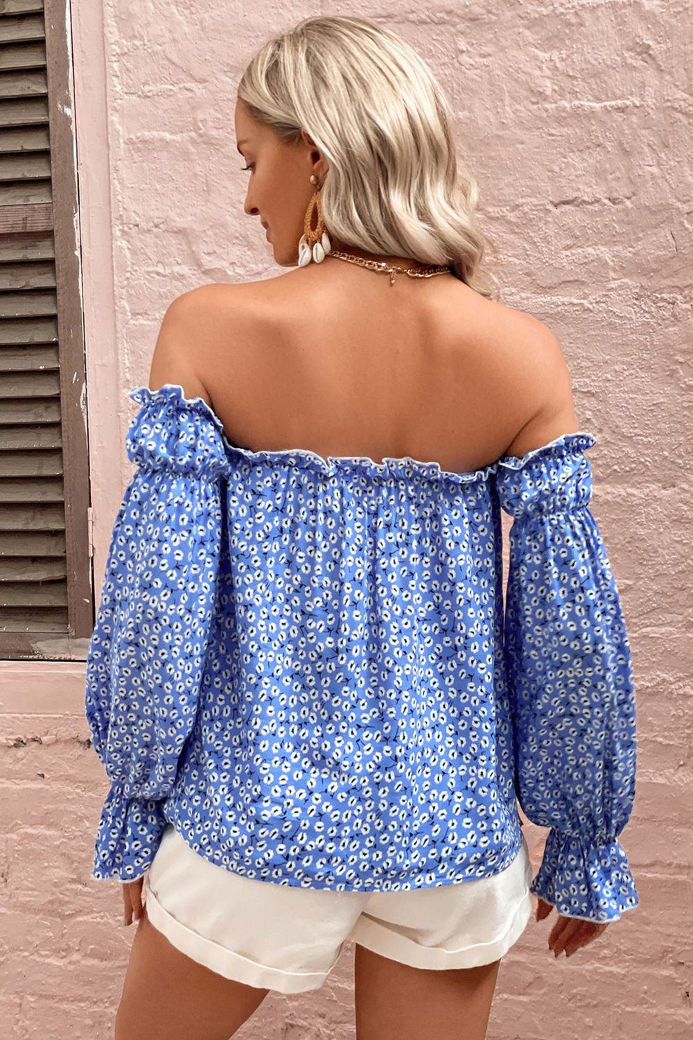 Off Shoulder Printed Frill Trim Blouse BLUE ZONE PLANET