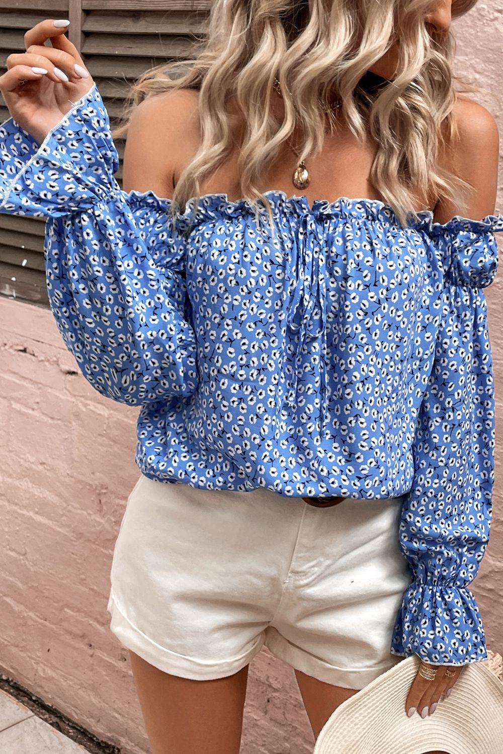 Off Shoulder Printed Frill Trim Blouse BLUE ZONE PLANET