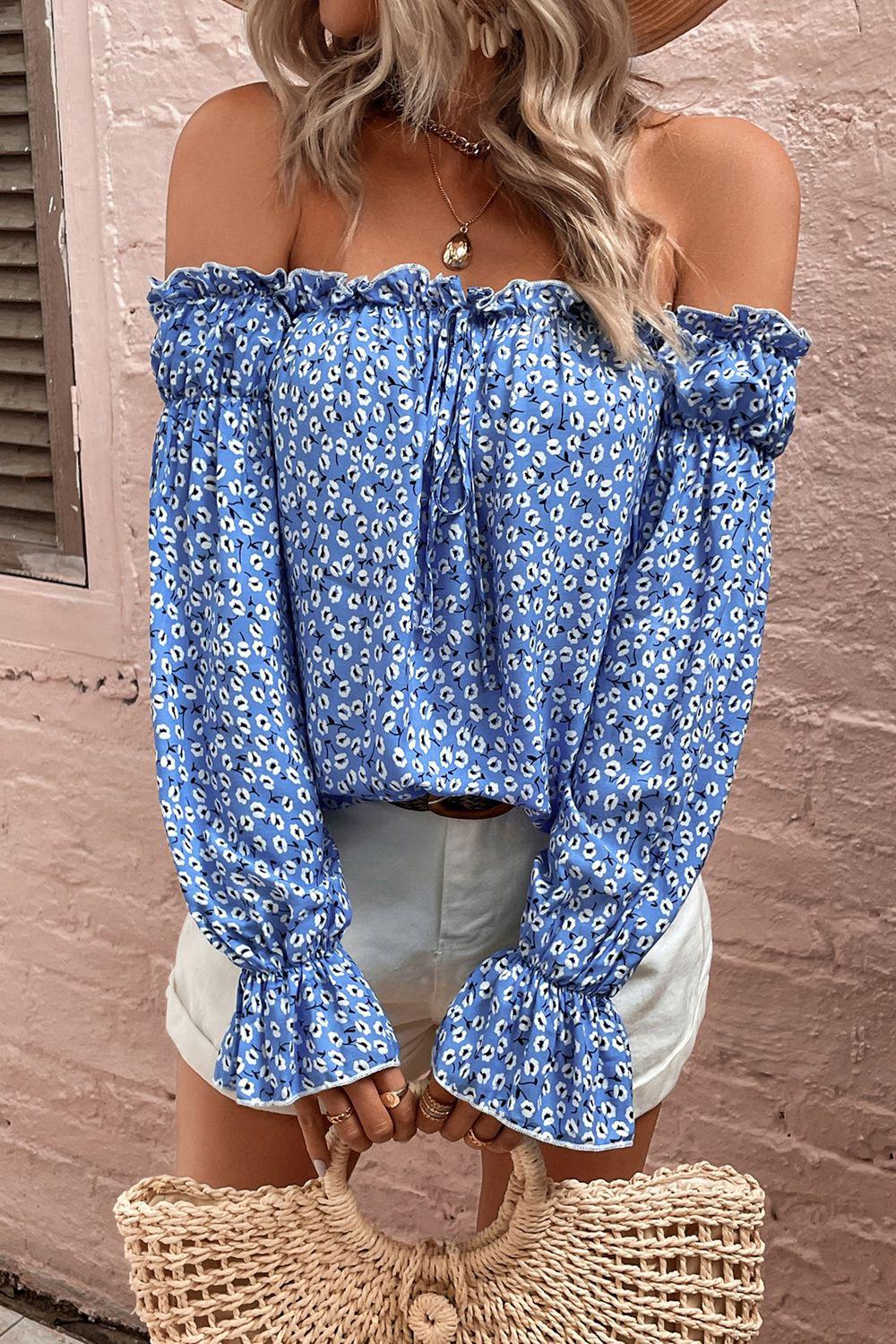 Off Shoulder Printed Frill Trim Blouse BLUE ZONE PLANET