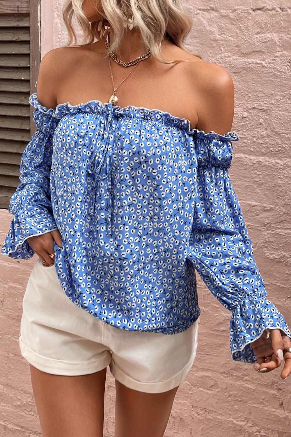 Off Shoulder Printed Frill Trim Blouse BLUE ZONE PLANET