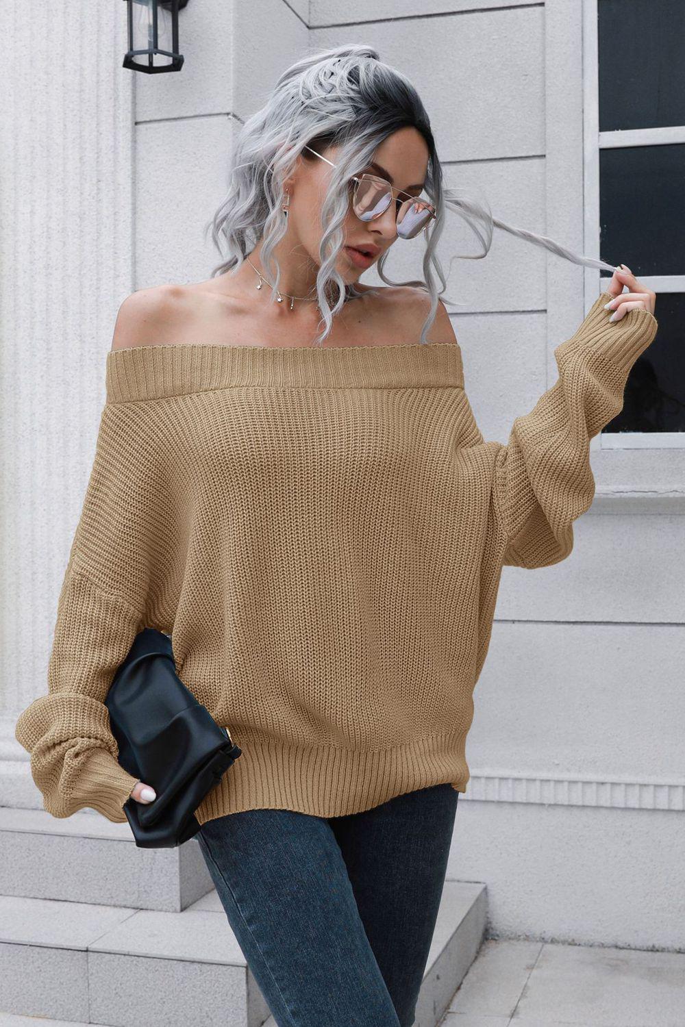 Off-Shoulder Ribbed Long Sleeve Pullover Sweater BLUE ZONE PLANET
