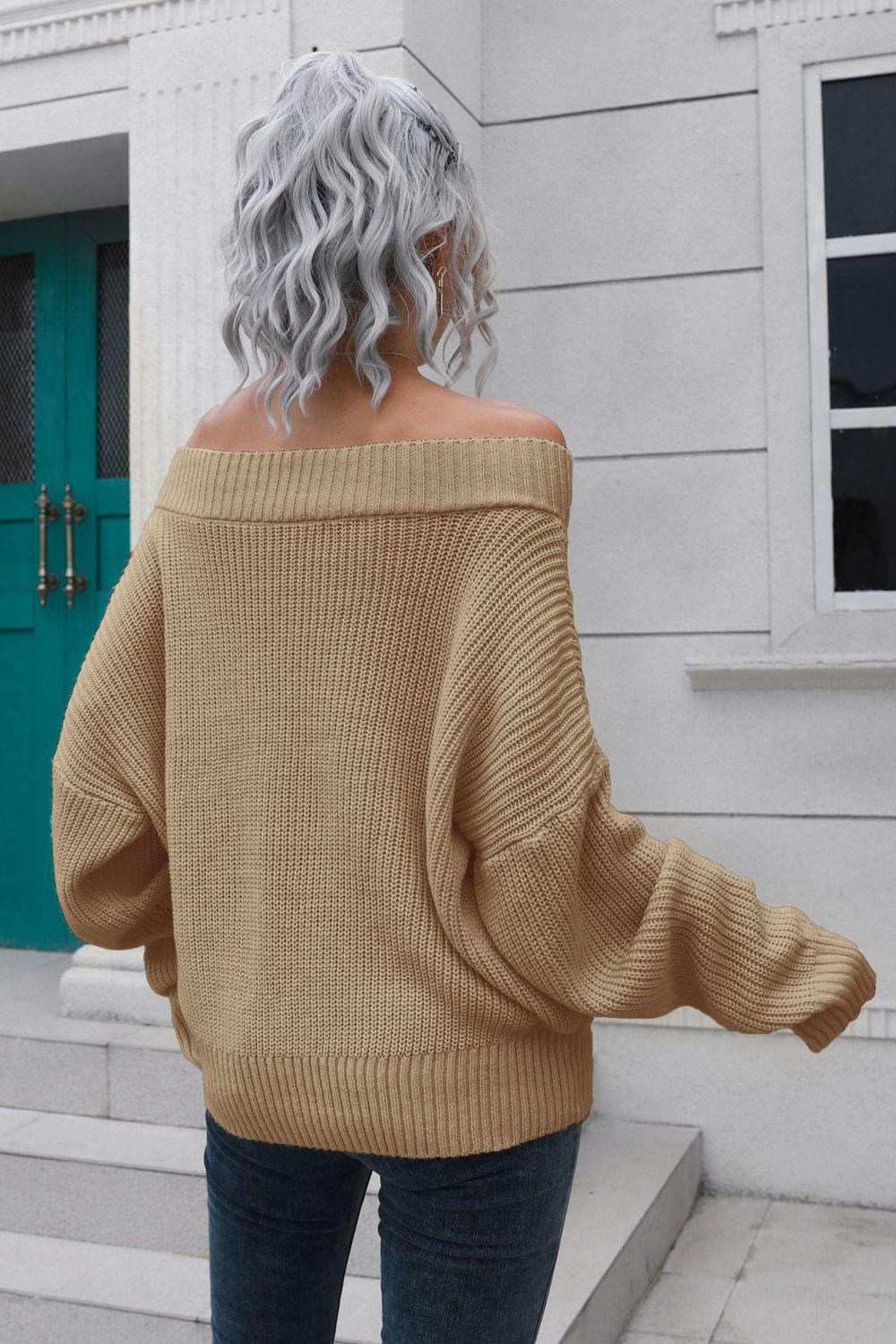Off-Shoulder Ribbed Long Sleeve Pullover Sweater BLUE ZONE PLANET