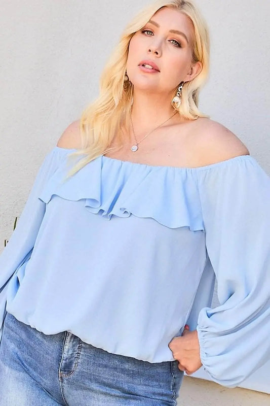 Off Shoulder Ruffle Bubble Sleeve Top Blue Zone Planet