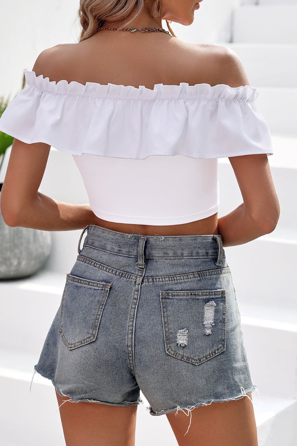 Off-Shoulder Ruffled Cropped Top BLUE ZONE PLANET