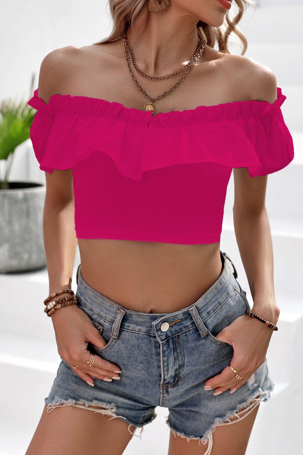 Off-Shoulder Ruffled Cropped Top BLUE ZONE PLANET