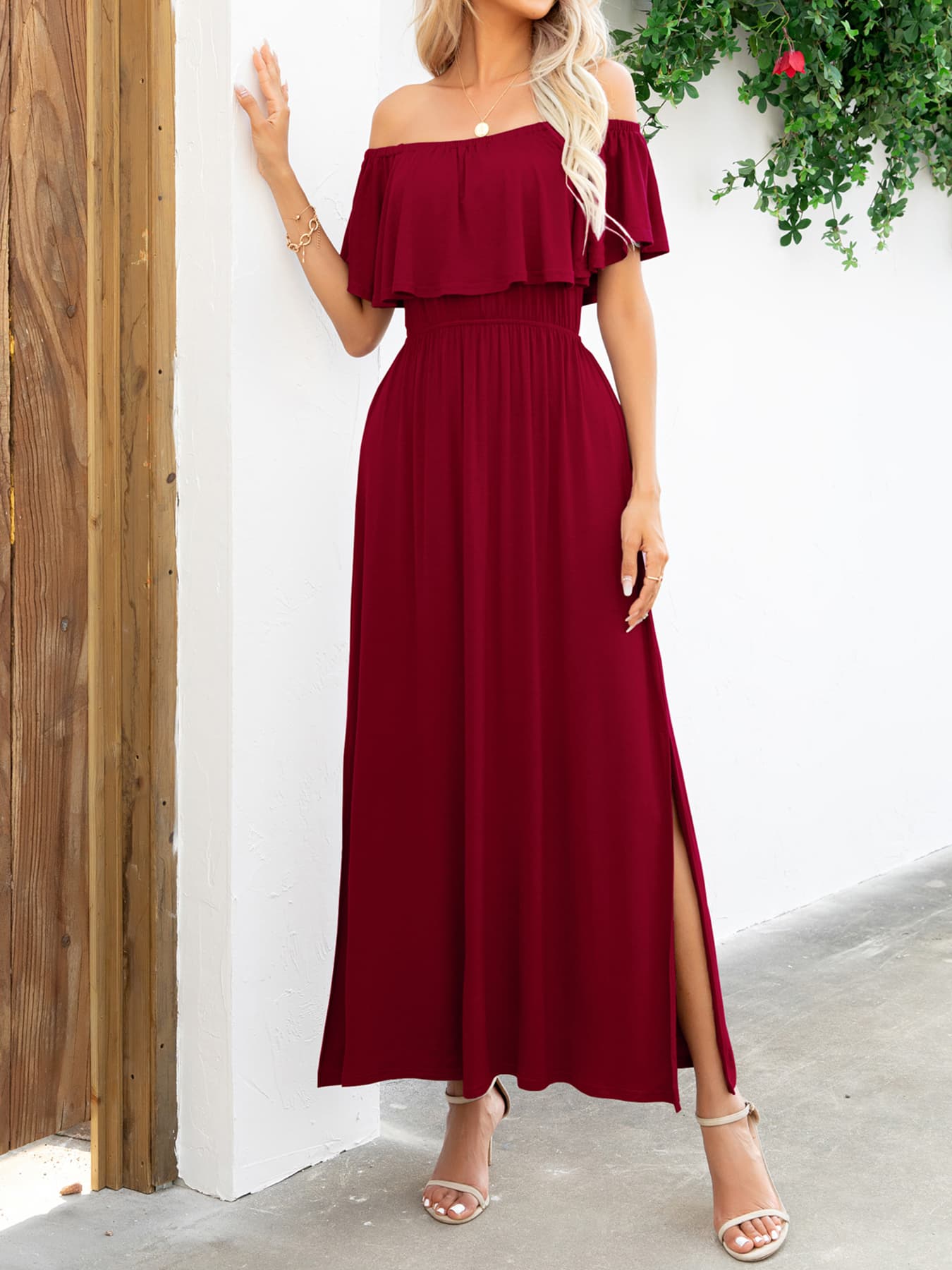 Off-Shoulder Slit Maxi Dress BLUE ZONE PLANET