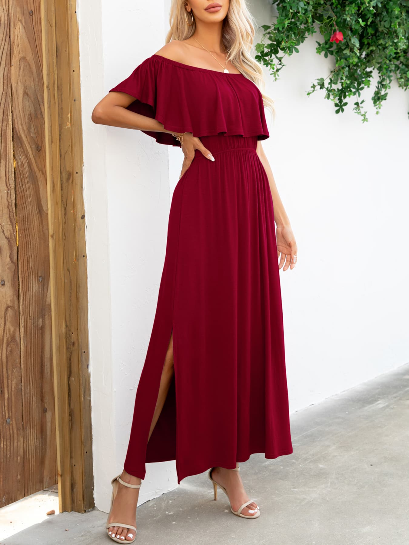 Off-Shoulder Slit Maxi Dress BLUE ZONE PLANET