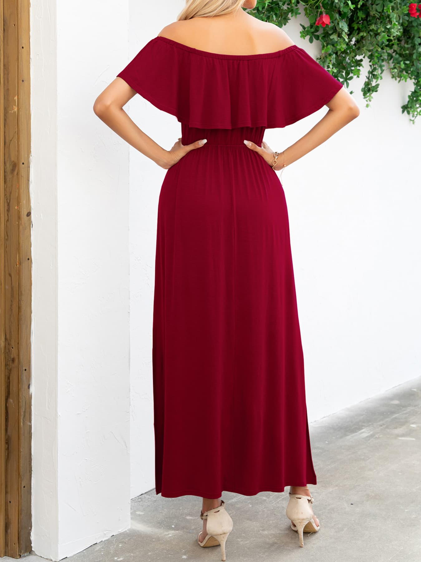 Off-Shoulder Slit Maxi Dress BLUE ZONE PLANET