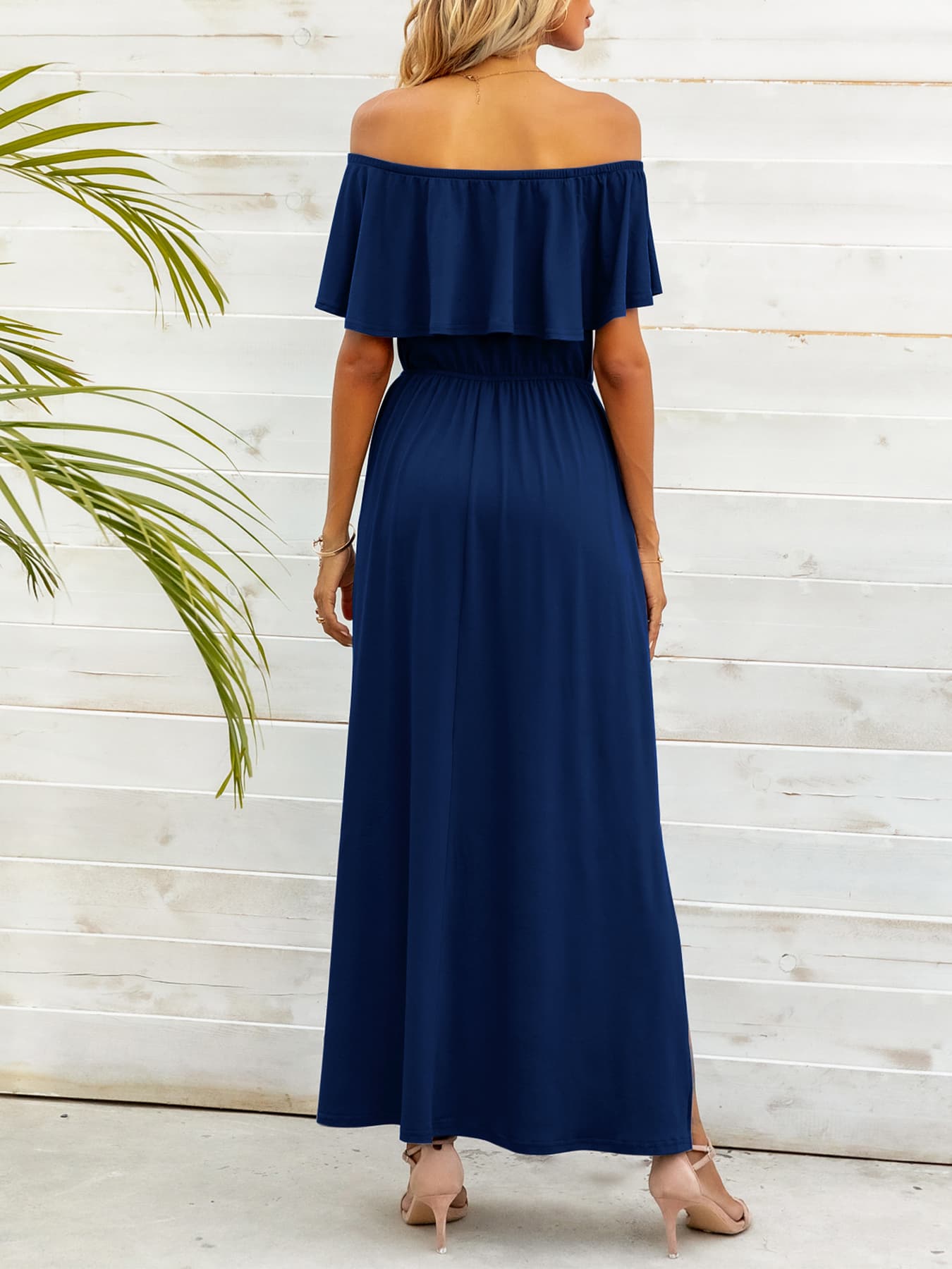 Off-Shoulder Slit Maxi Dress BLUE ZONE PLANET