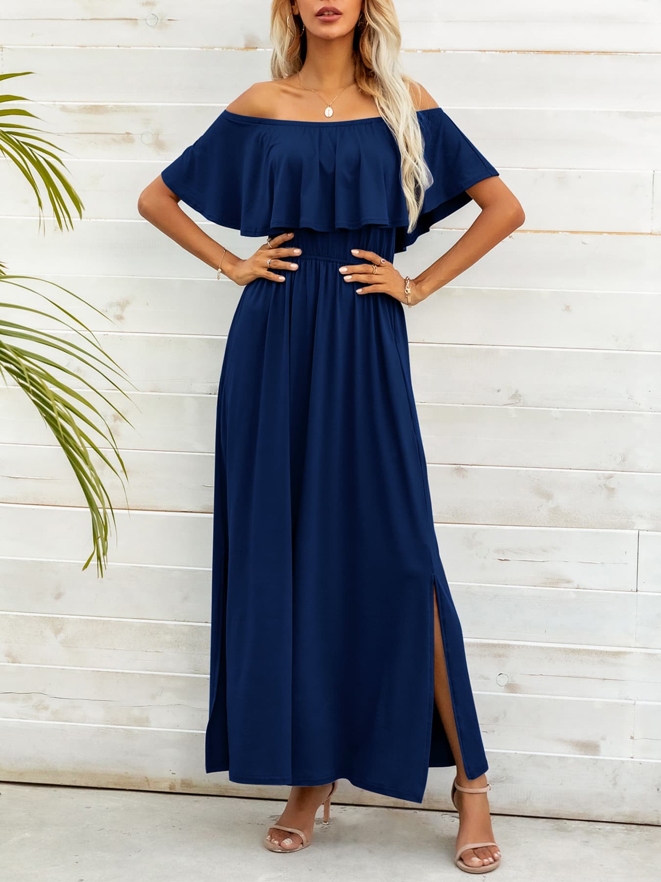 Off-Shoulder Slit Maxi Dress BLUE ZONE PLANET