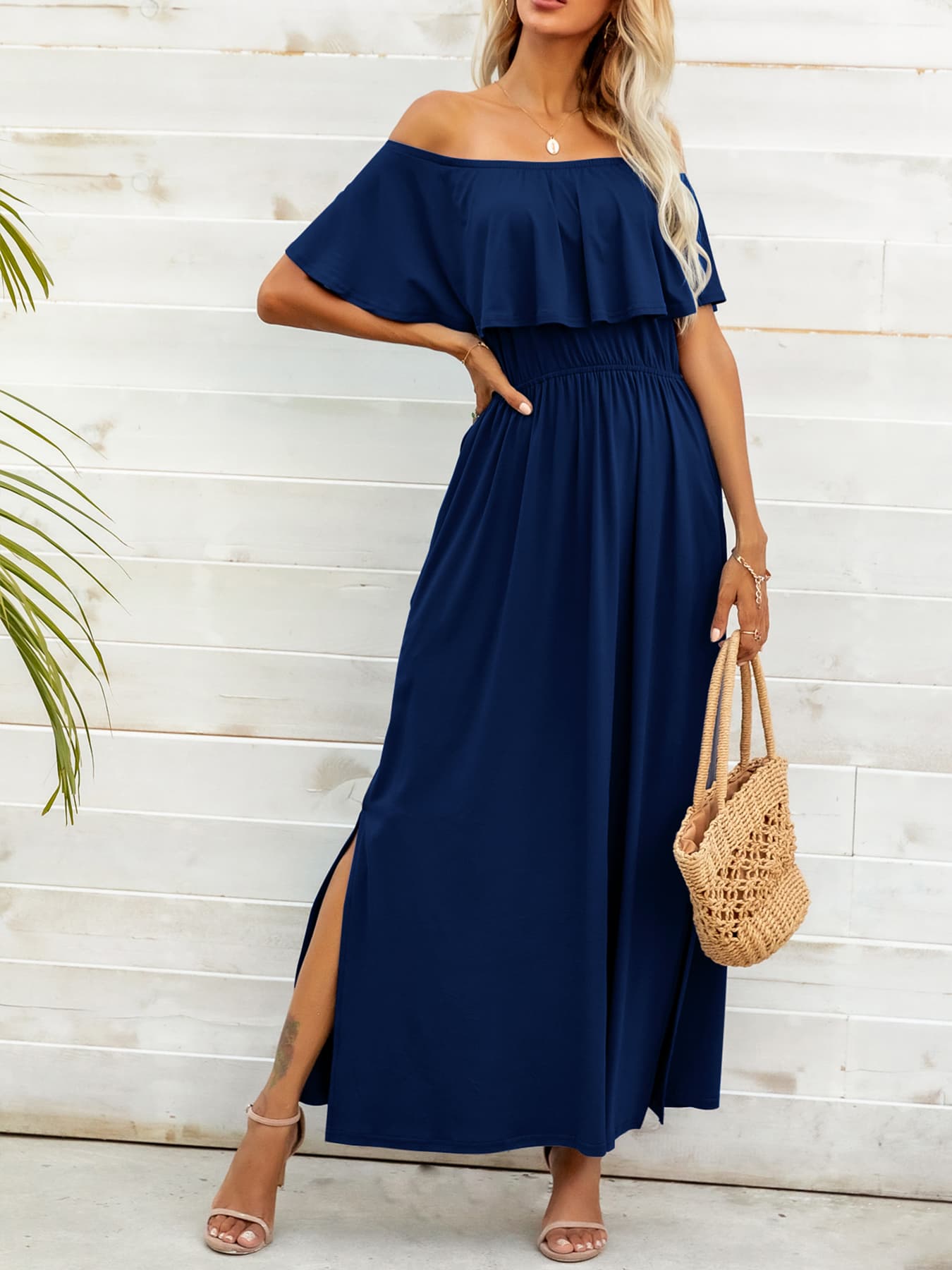 Off-Shoulder Slit Maxi Dress BLUE ZONE PLANET