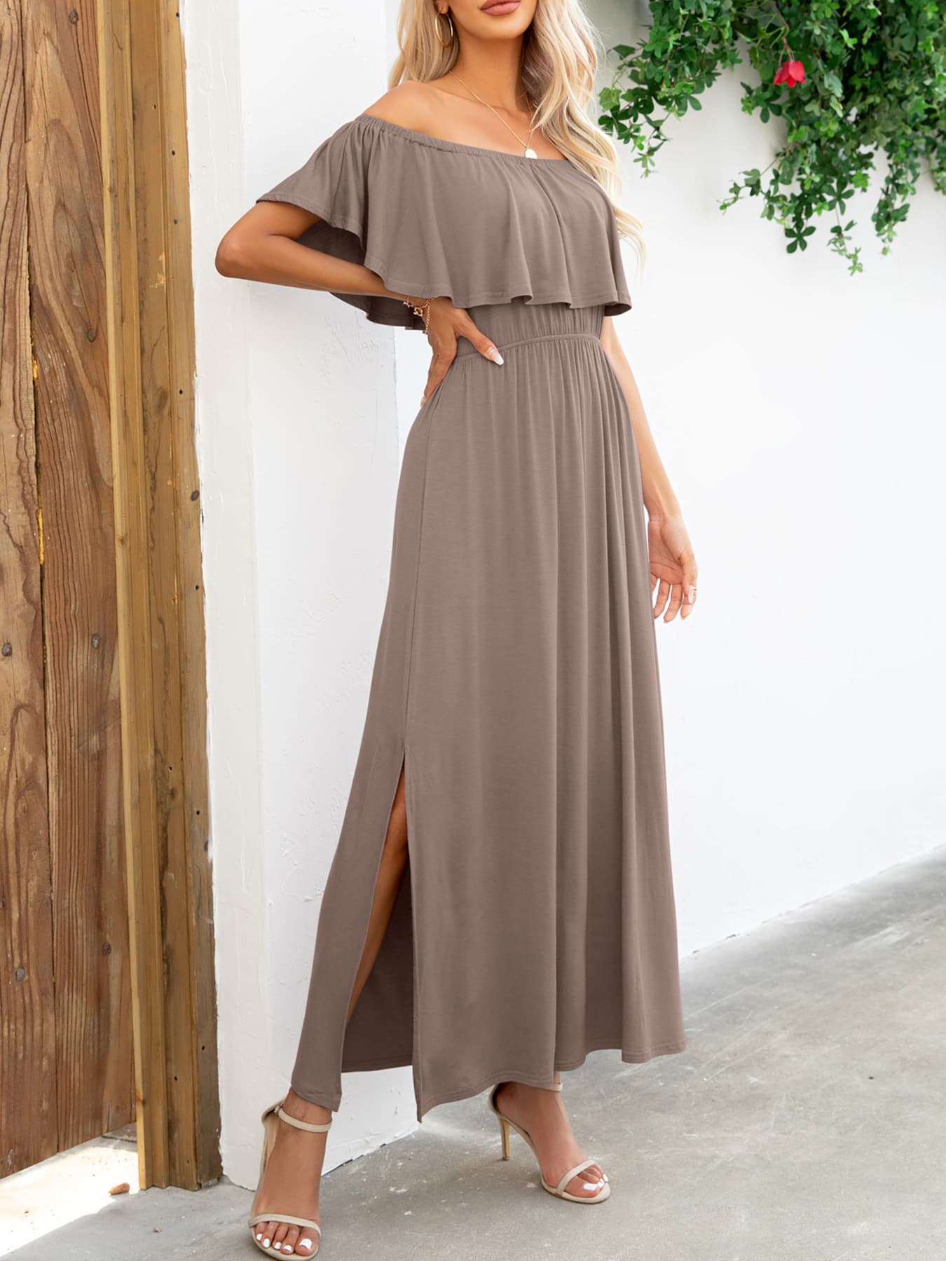 Off-Shoulder Slit Maxi Dress BLUE ZONE PLANET