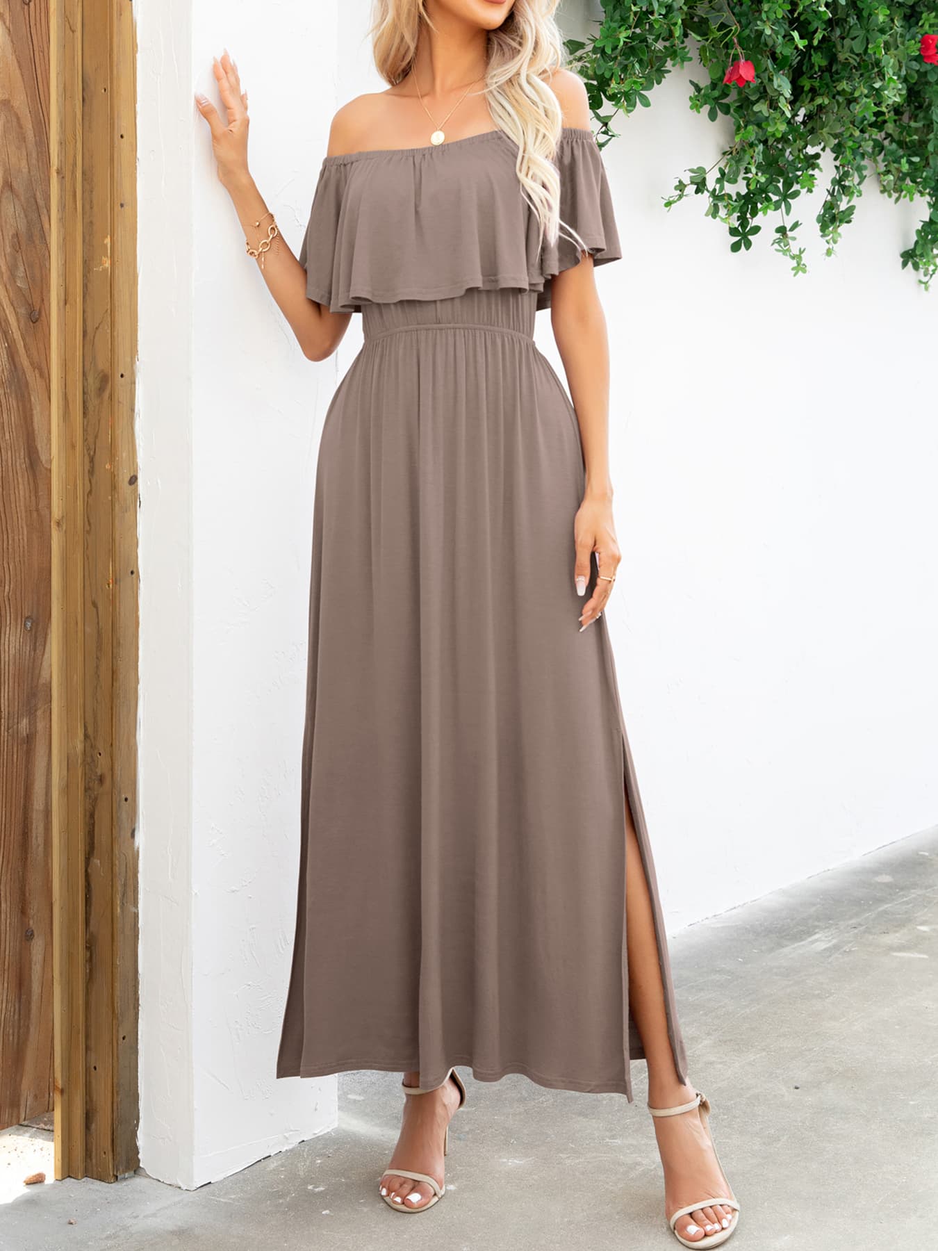 Off-Shoulder Slit Maxi Dress BLUE ZONE PLANET