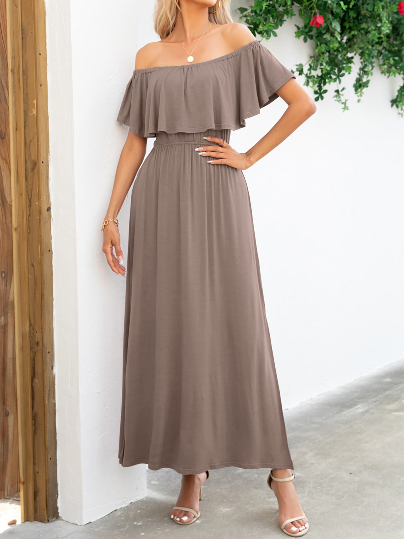 Off-Shoulder Slit Maxi Dress BLUE ZONE PLANET