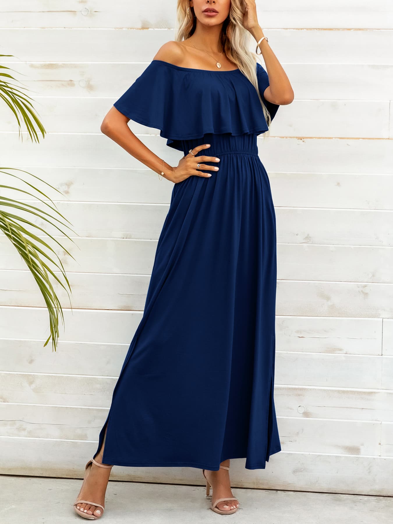 Off-Shoulder Slit Maxi Dress BLUE ZONE PLANET