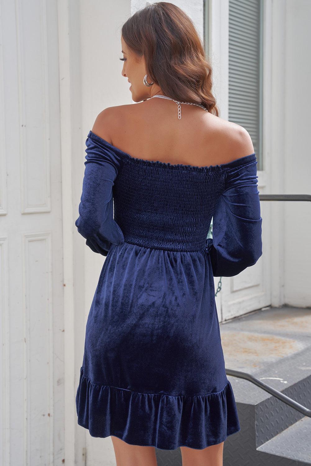 Off-Shoulder Smocked Ruffle Hem Dress BLUE ZONE PLANET